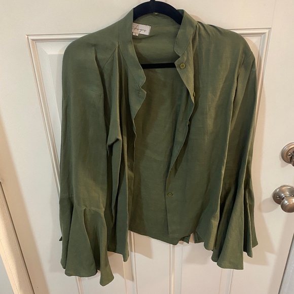 Dark Green Bell Sleeve Handmade Linen Shirt Size L - Picture 1 of 16